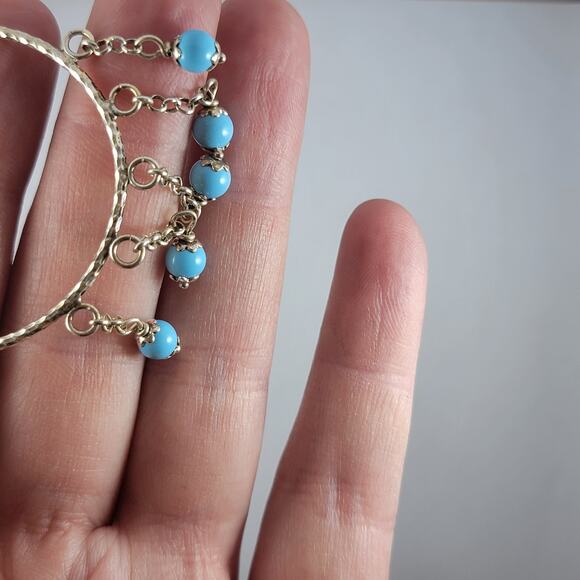 Sterling Silver Hoop Earrings Blue Beads 3 Inch Vintage Dangle Jewelry - Picture 8 of 10